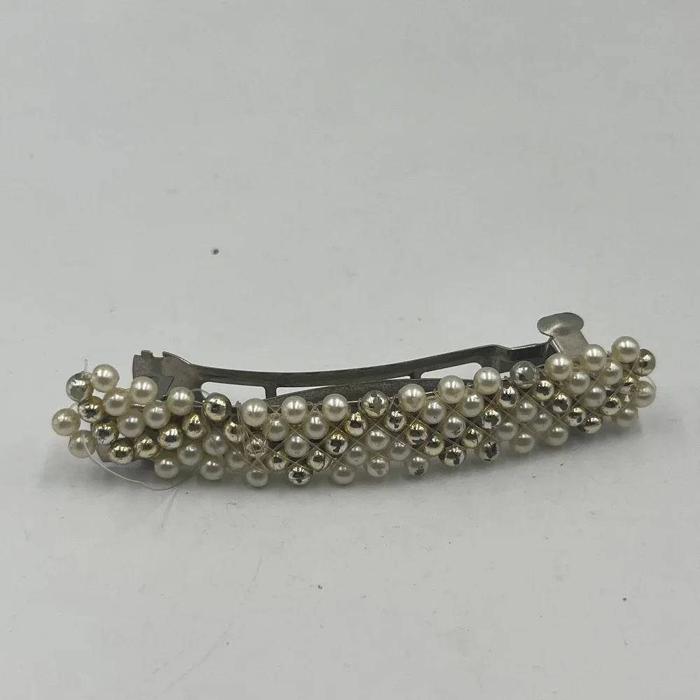 Vintage 2pc Faux Pearl Hair Barrette Set‎ Waterfall Fringe Drape Beaded Wedding - Picture 7 of 11
